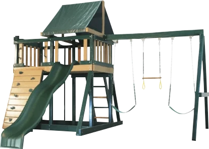 wooden swing set with slide and climbing wall